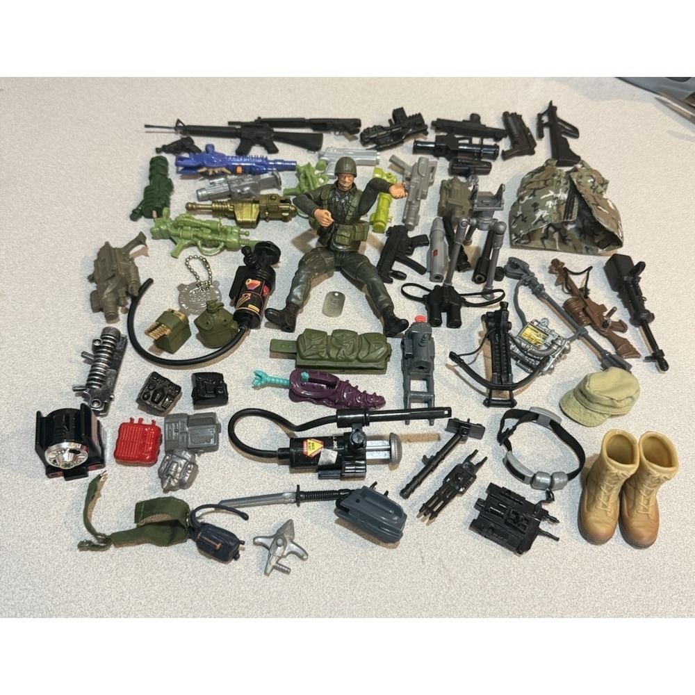 GI JOE Accessories Lot Of 60 Weapons Helmets And Other Military Gears Vintage